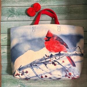 Cardinal Print Felt Tote Bag with Red Handles